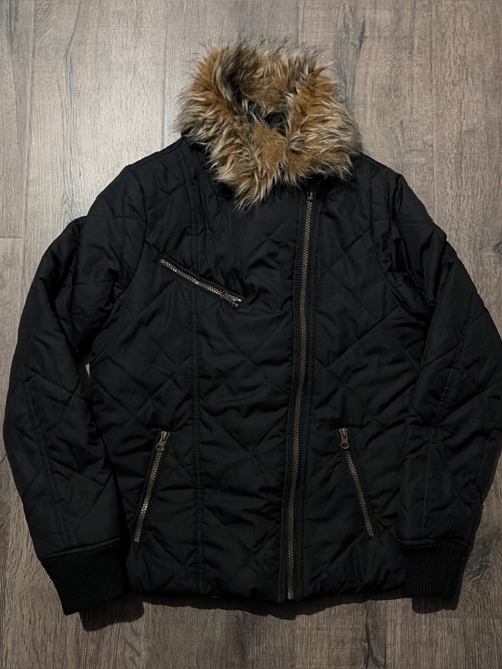Me Jane Black Quilted Puffer Jacket Faux Fur Collar M